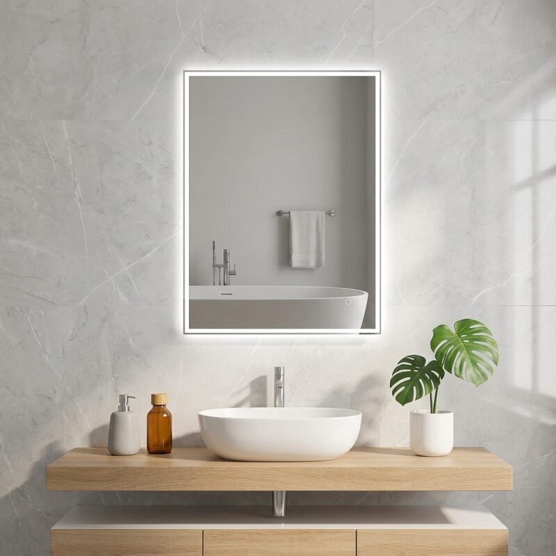 KELI 600×800 mm stačiakampis LED veidrodis su atitrauktu priekiniu apšvietimu (skandinaviškas dizainas)