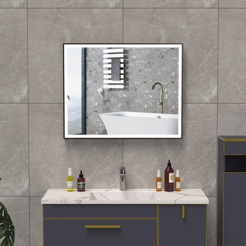 LEO 1000x800 mm stačiakampis LED veidrodis su priekiniu apšvietimu ir juodu matiniu aliuminio rėmu