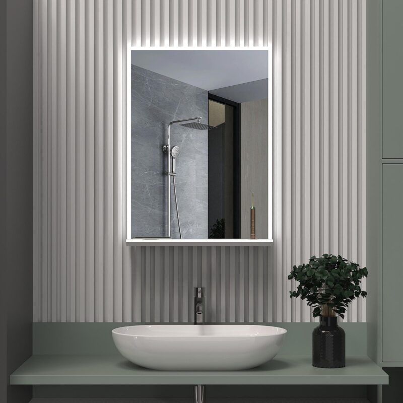LULA SMART 600×800 mm rectangular LED mirror with front light, integrated shelf and wireless charger